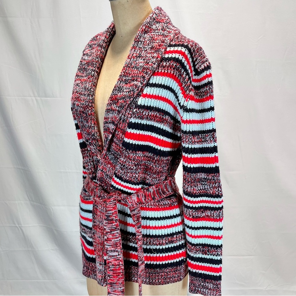 VINTAGE 60s 70s wrap knit sweater cardigan space dyed multicolor stripe belt‎ - Picture 3 of 10